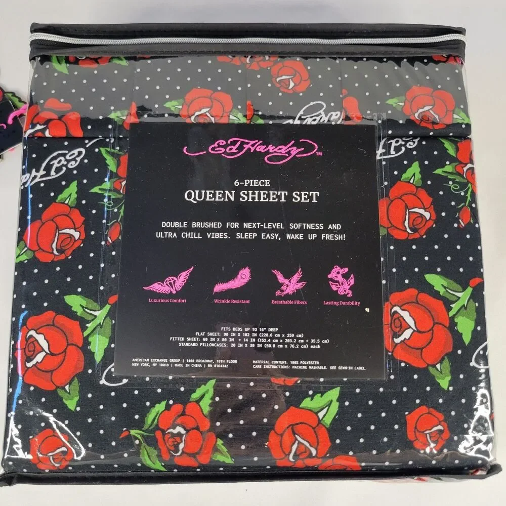Ed Hardy QUEEN Sheets Set 6pc Black White Polka Dots Red Rose Tattoo Print Signa
